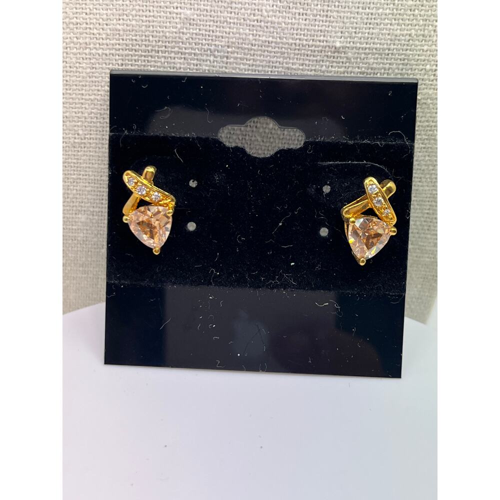 Gold-Tone Heart Stud Earrings with Pave Crystal Accent Peachy-Pink Color Elegant